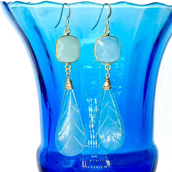 Long Aqua Blue Chalcedony Earrings - Picture 3 of 4